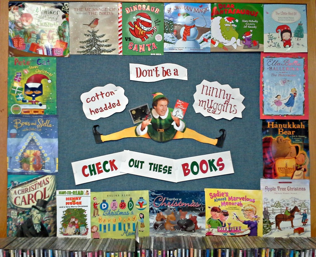 holiday library board, elf, christmas books, childrens christmas books